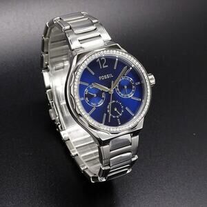 NWT Fossil BQ3720 Multifunction Silver Tone Stainless Steel Blue Dial Watch